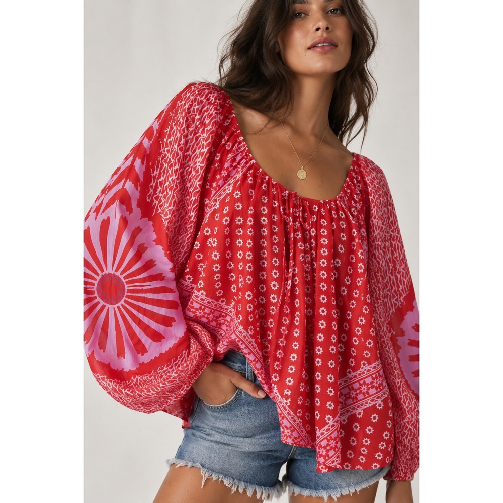 Free People Elena Floral Print Blouse In Red XS Oversized Boho Cottage Peasant